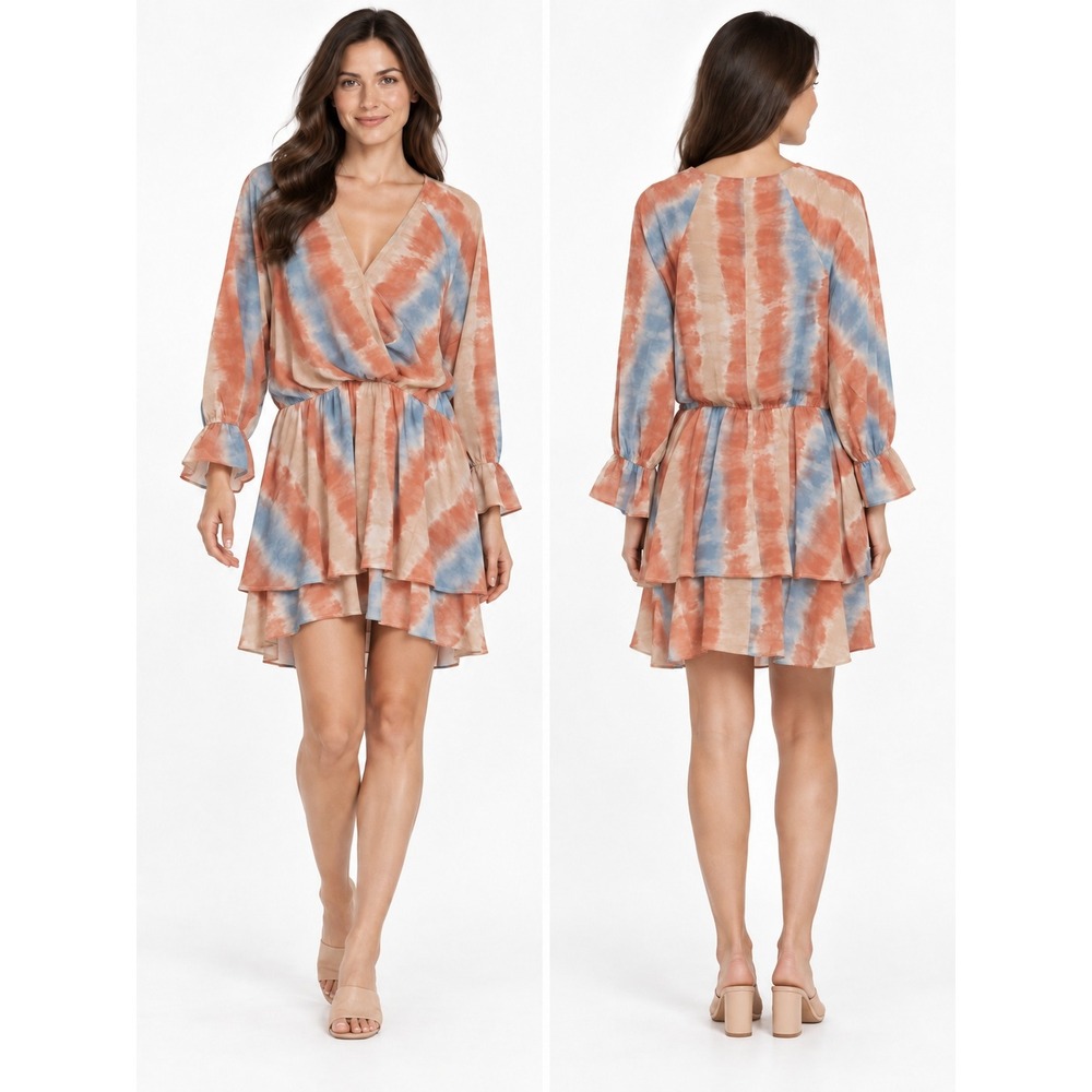 Umgee Womens Orange Blue Tie Dye Surplice V-Neck Ruffle Mini Dress Large NWT